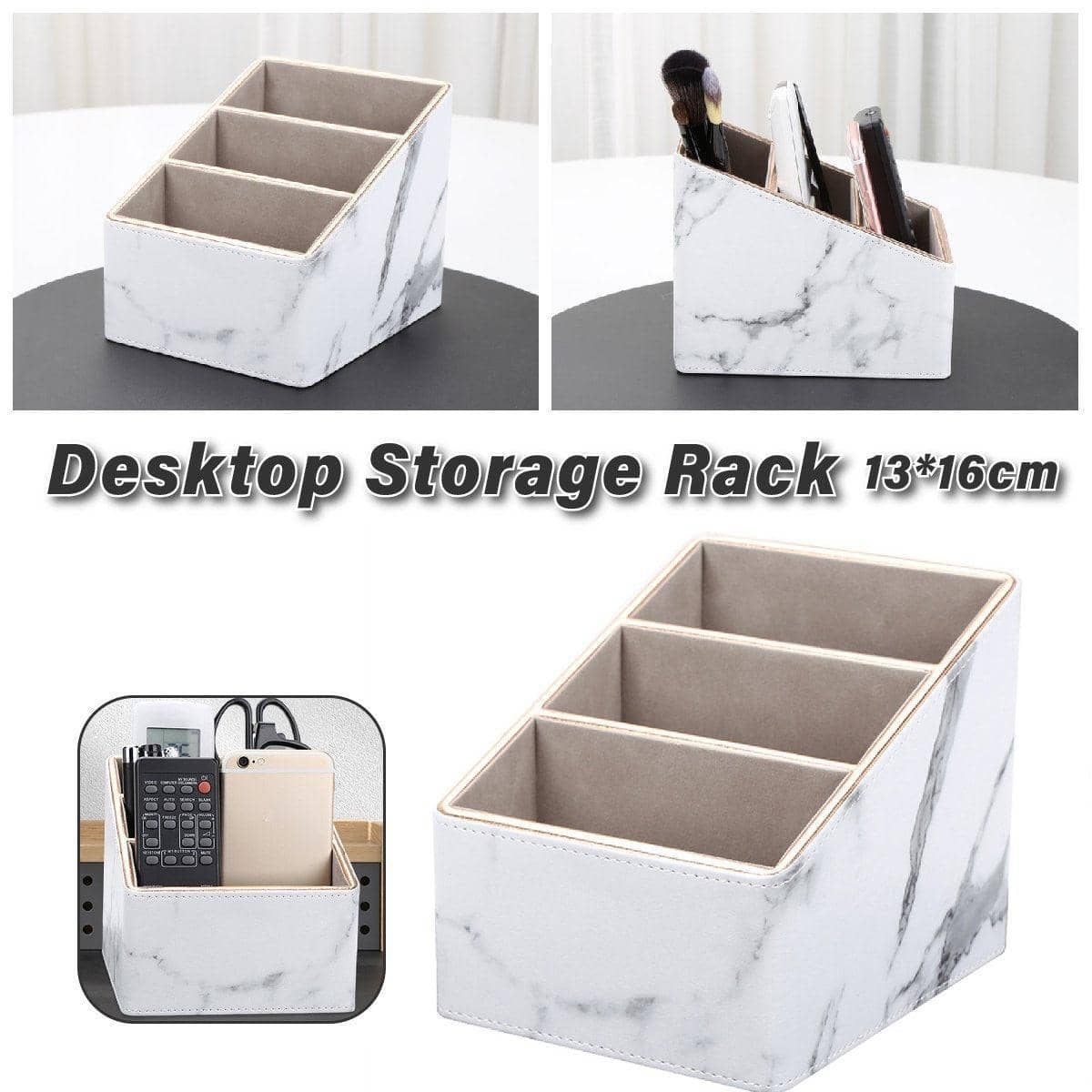 Remote Control Holder Storage Box, White Marble - Gold Trim