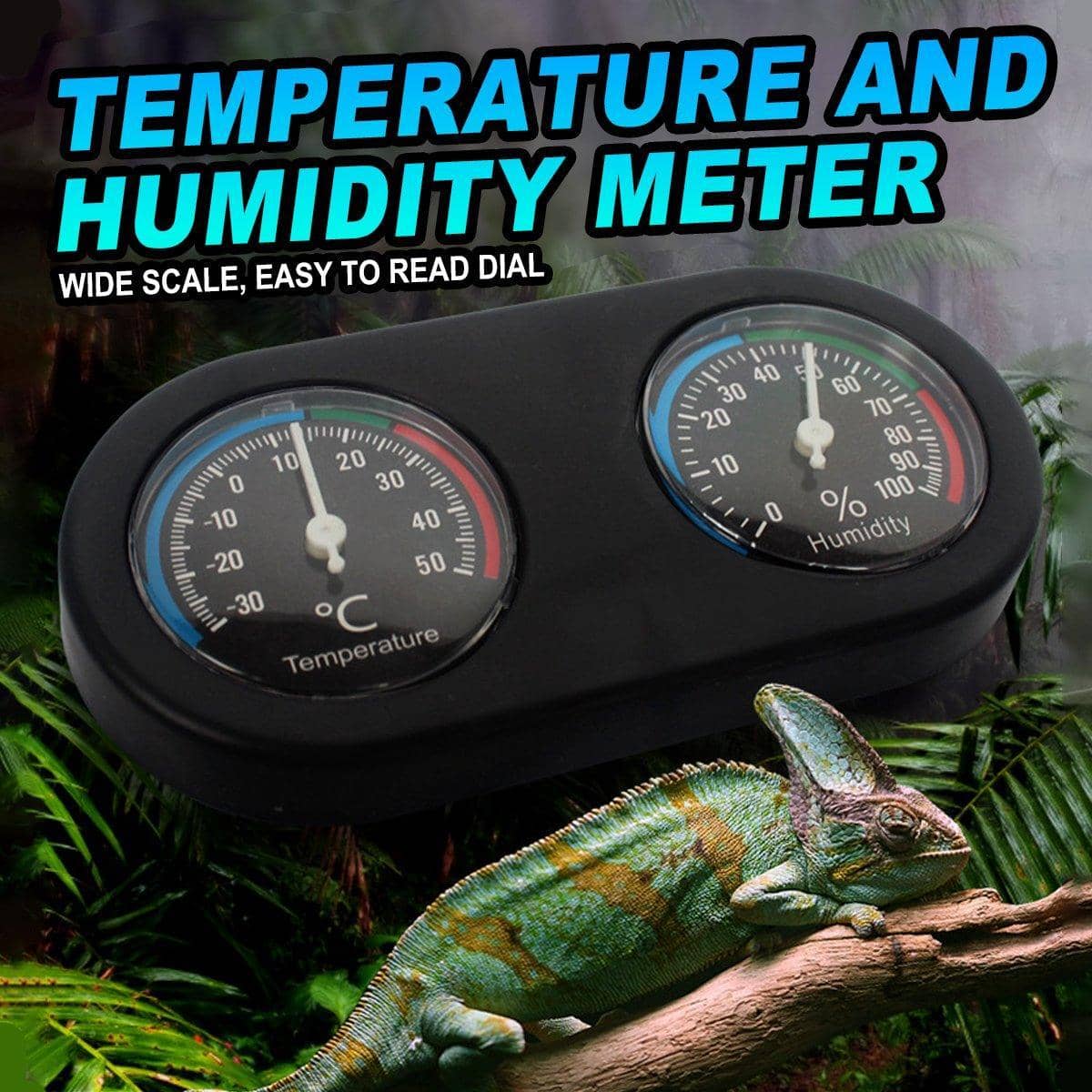 Reptile Tank Thermometer and Hygrometer, Dual Dial Gauge - Black
