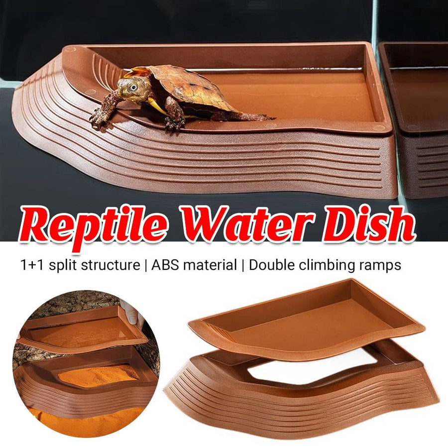 Reptile Water Feeding Dish with Double Climbing Ramps for Terrarium, Brown