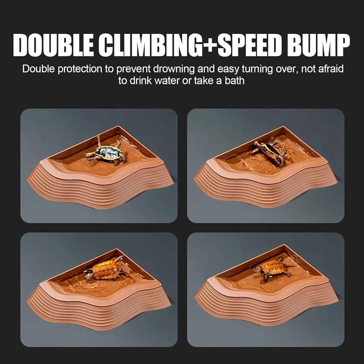 Reptile Water Feeding Dish with Double Climbing Ramps for Terrarium, Brown - view 5