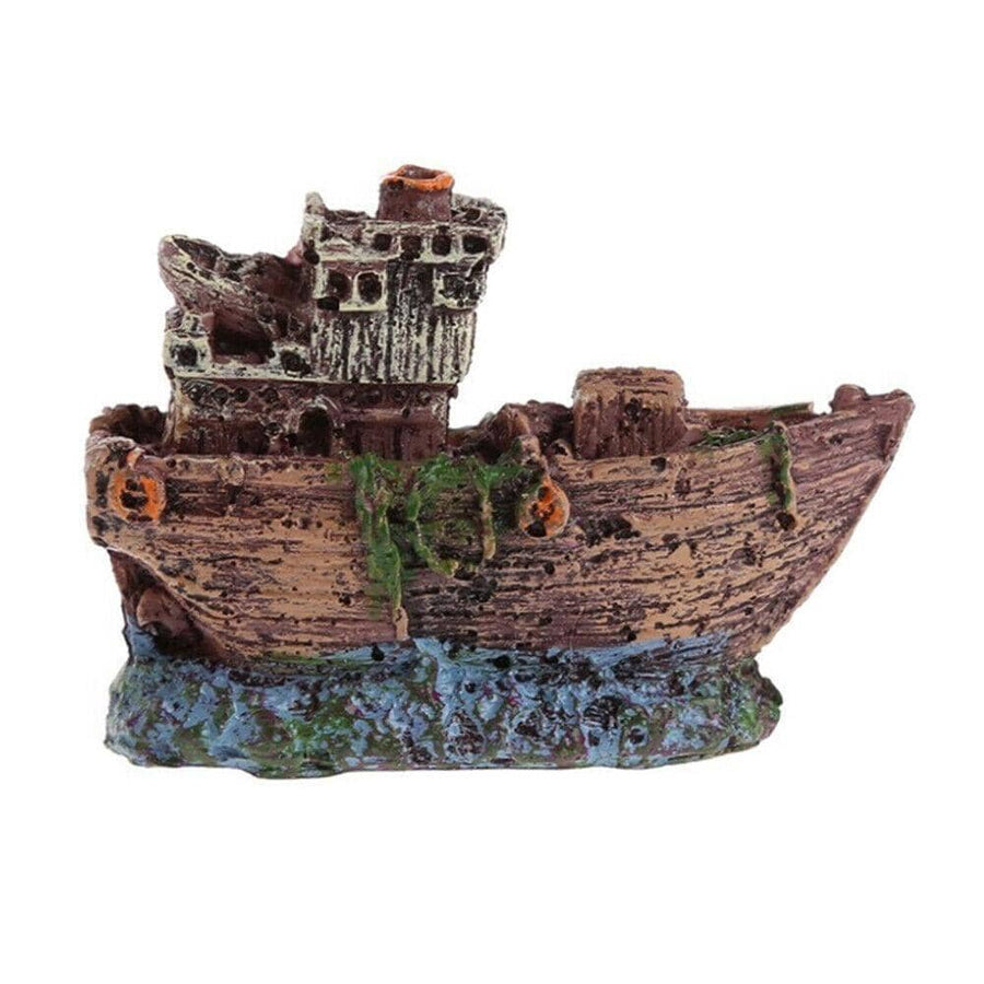 Resin Aquarium Boat Ornament - Brown Wrecked Boat with Blue Base (BB Boat)