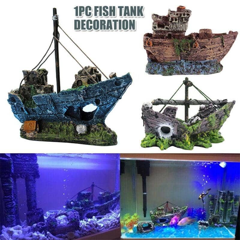 Resin Aquarium Boat Ornament - Brown Wrecked Boat with Blue Base (BB Boat) - view 2