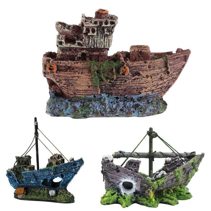 Resin Aquarium Boat Ornament - Brown Wrecked Boat with Blue Base (BB Boat) - view 3