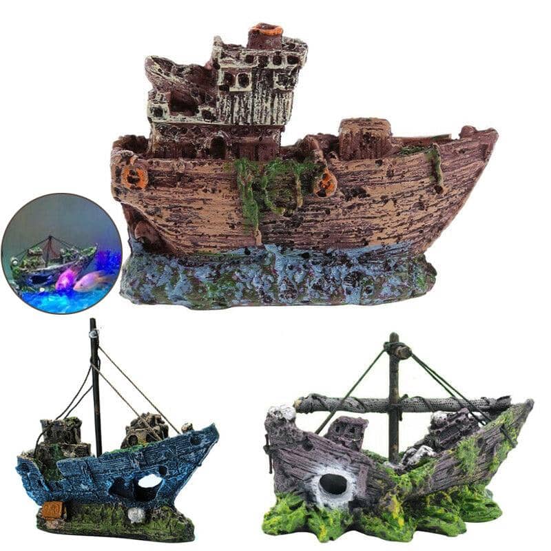 Resin Aquarium Boat Ornament - Brown Wrecked Boat with Blue Base (BB Boat) - view 5