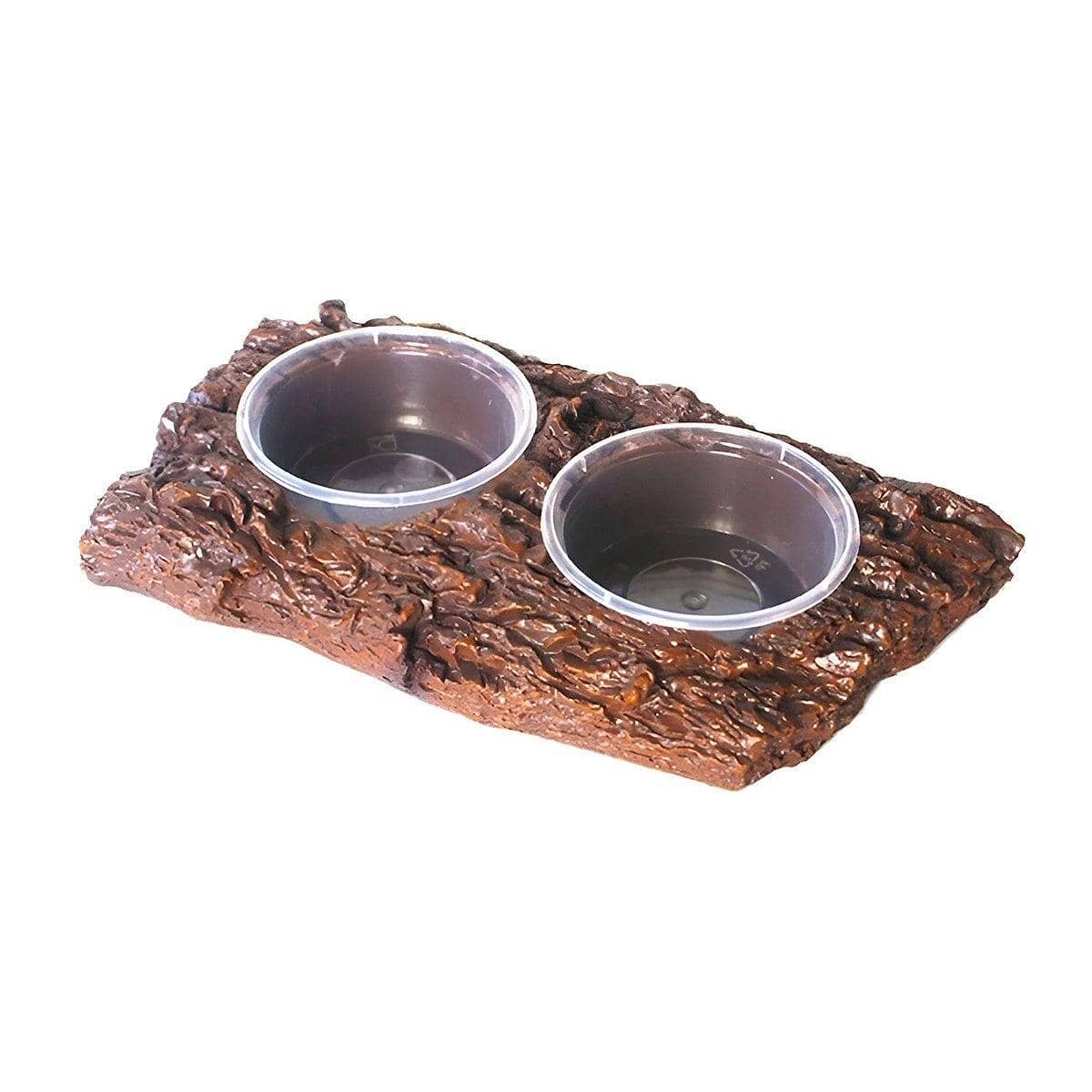 Resin Reptile Feeding Bowl - Double Basin, Brown Bark Texture