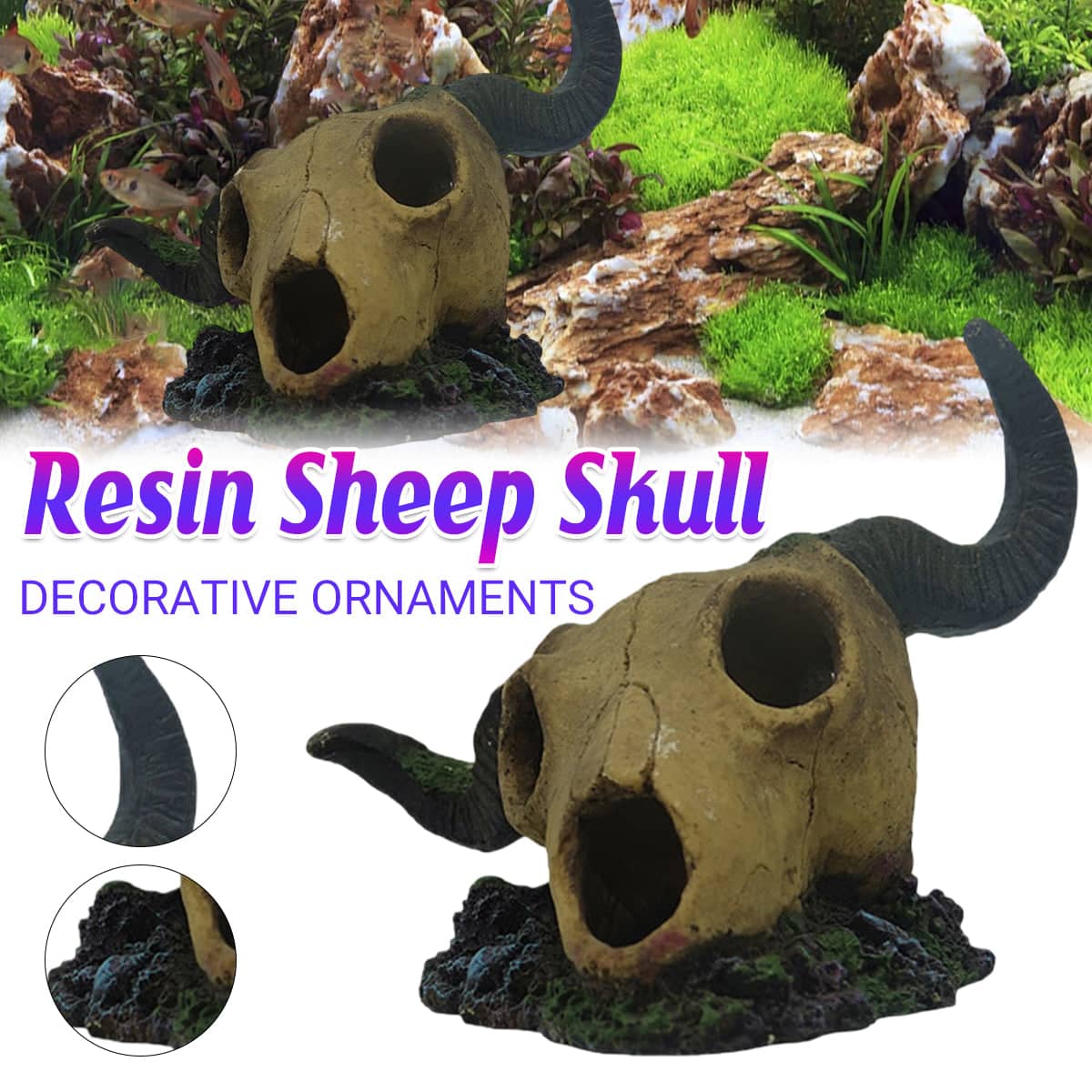 Resin Skull Aquarium Decoration with Hiding Spot for Fish Tanks and Reptile Habitats