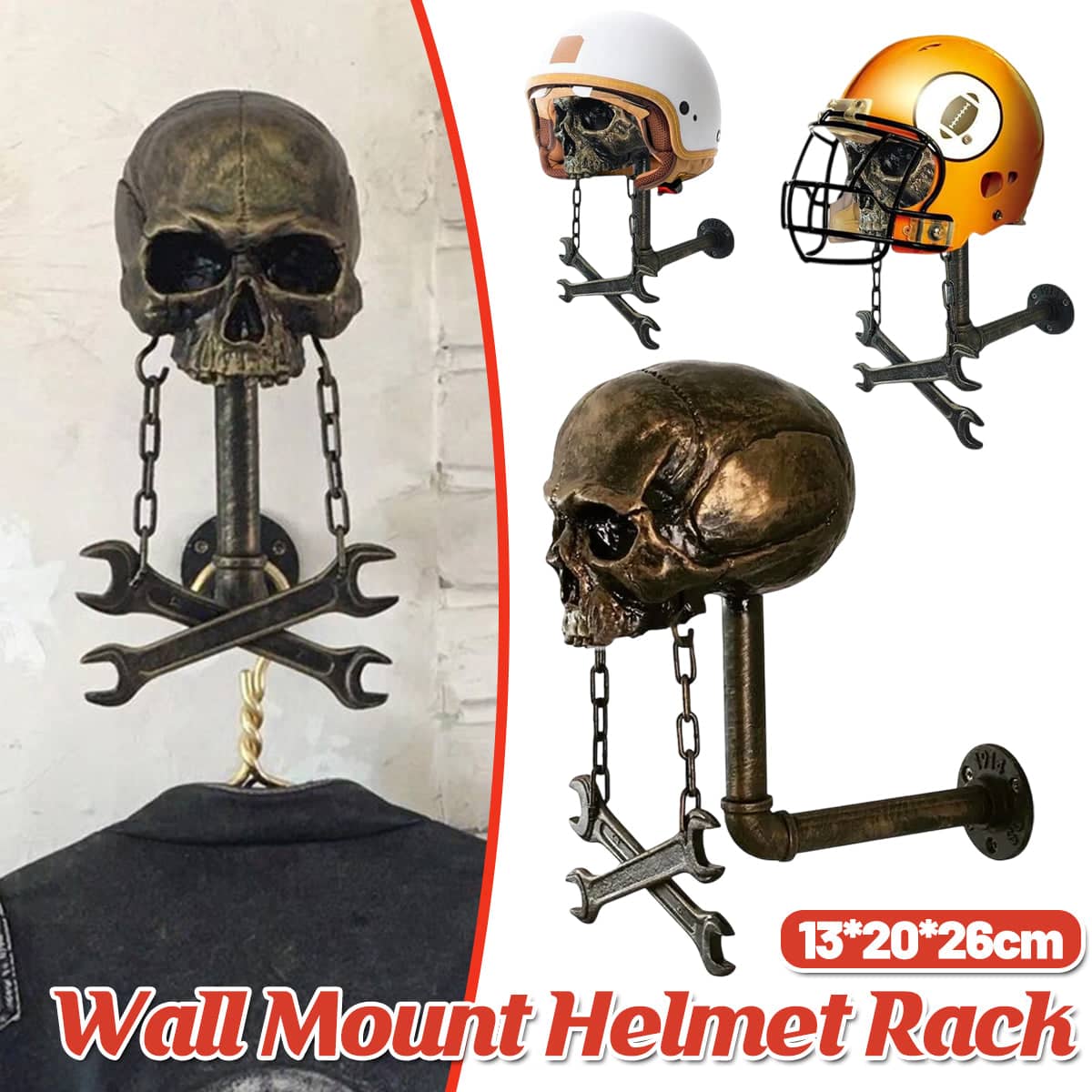 Resin Skull Wall Mount Helmet Holder with Detachable Structure for Gothic Decor