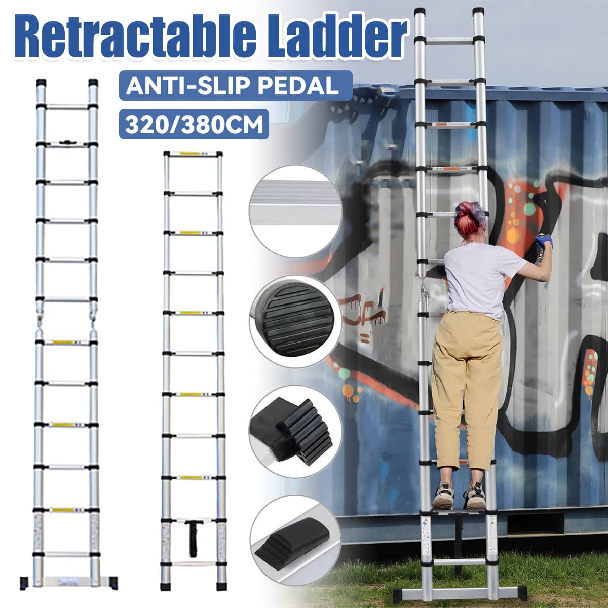 Retractable Aluminium Alloy Ladder with Anti Slip Pedals and Stabiliser Bar - 320 cm - view 2