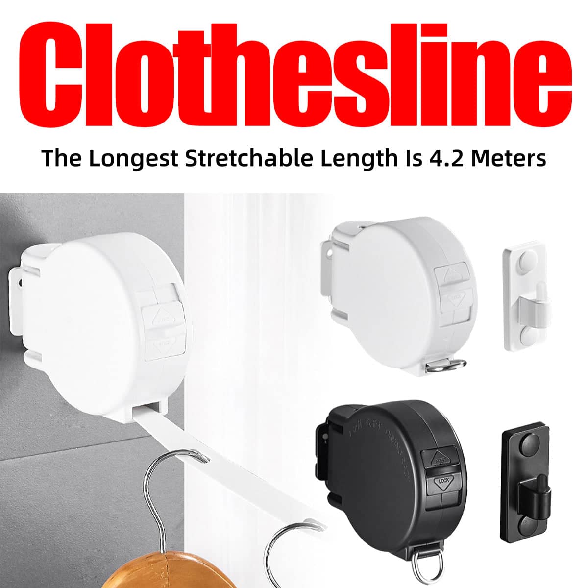 Retractable Clothesline with No Drill Installation and Space Saving Design - Black - view 2