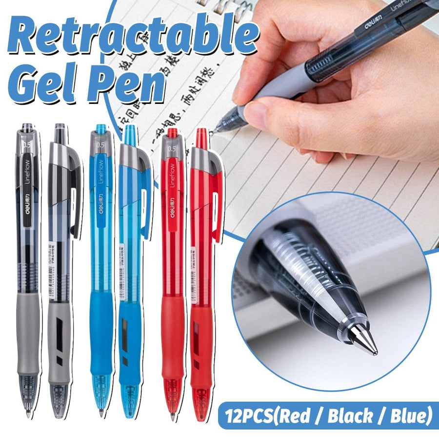 Retractable Gel Pens 0.5mm - 12 Pack, Black, Blue and Red