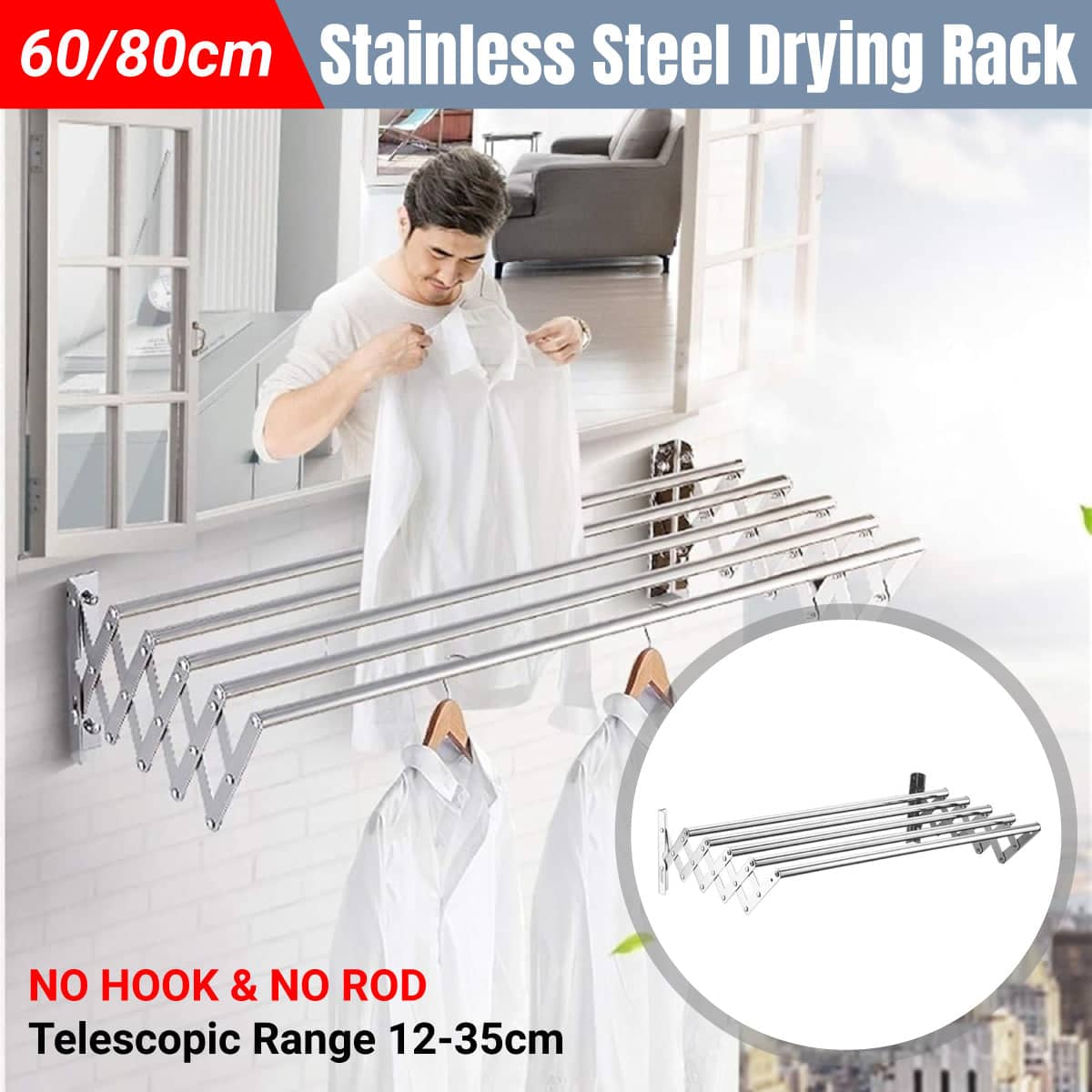 Retractable Stainless Steel Clothes Drying Rack Wall Mounted Towel Holder - 80 cm, Silver - view 2