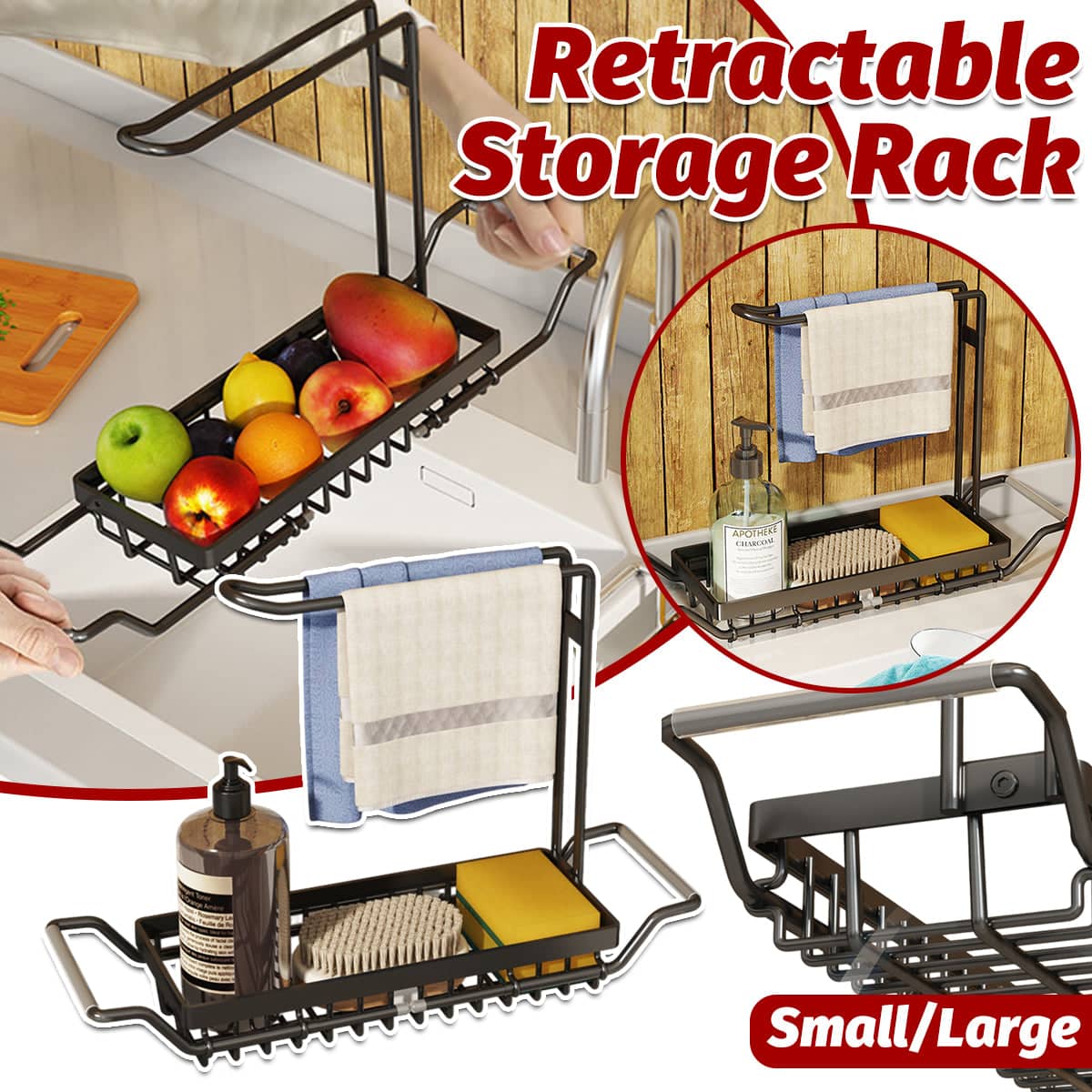 Retractable Stainless Steel Sink Cloth Rack, Space Saving Kitchen Storage - Size S, 36 to 44 cm - view 2