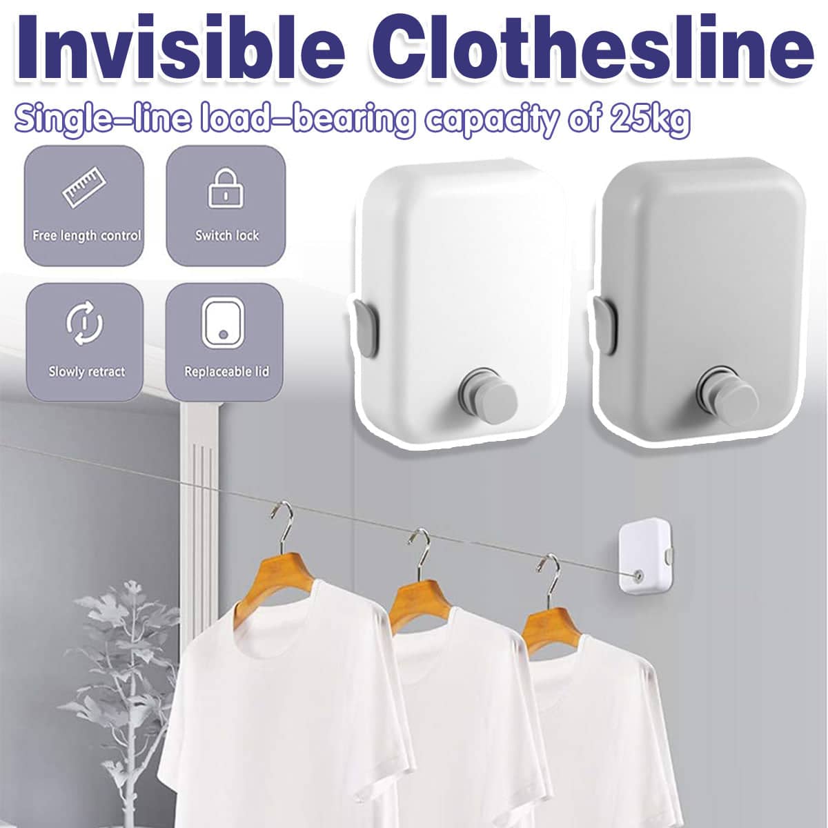 Retractable Wall Mounted Clothesline, 4.3 m - White - view 2