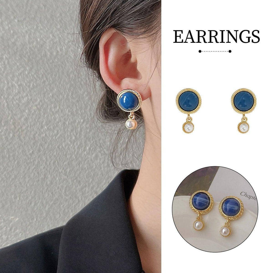 Retro Blue Oil Drop Earrings with Pearl Drop, Gold Tone Jewellery