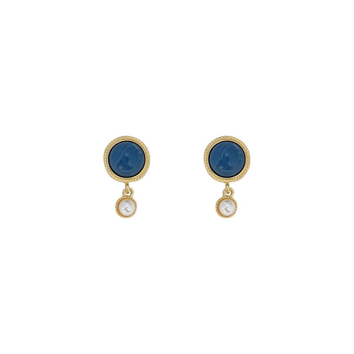 Retro Blue Oil Drop Earrings with Pearl Drop, Gold Tone Jewellery - view 2