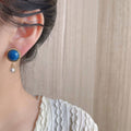 Retro Blue Oil Drop Earrings with Pearl Drop, Gold Tone Jewellery - view 4