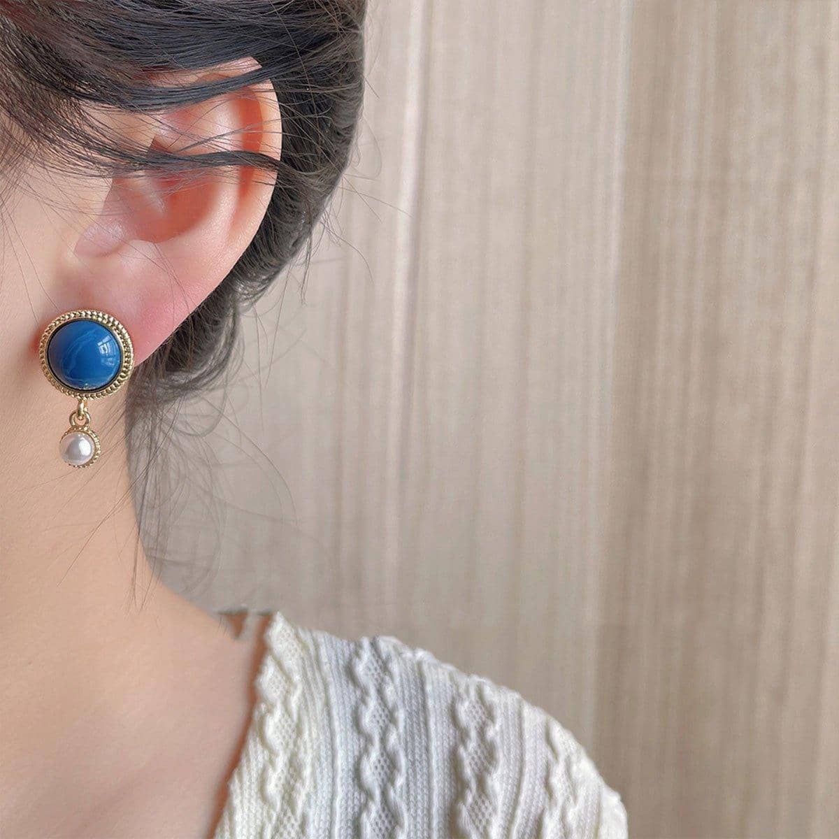 Retro Blue Oil Drop Earrings with Pearl Drop, Gold Tone Jewellery - view 4