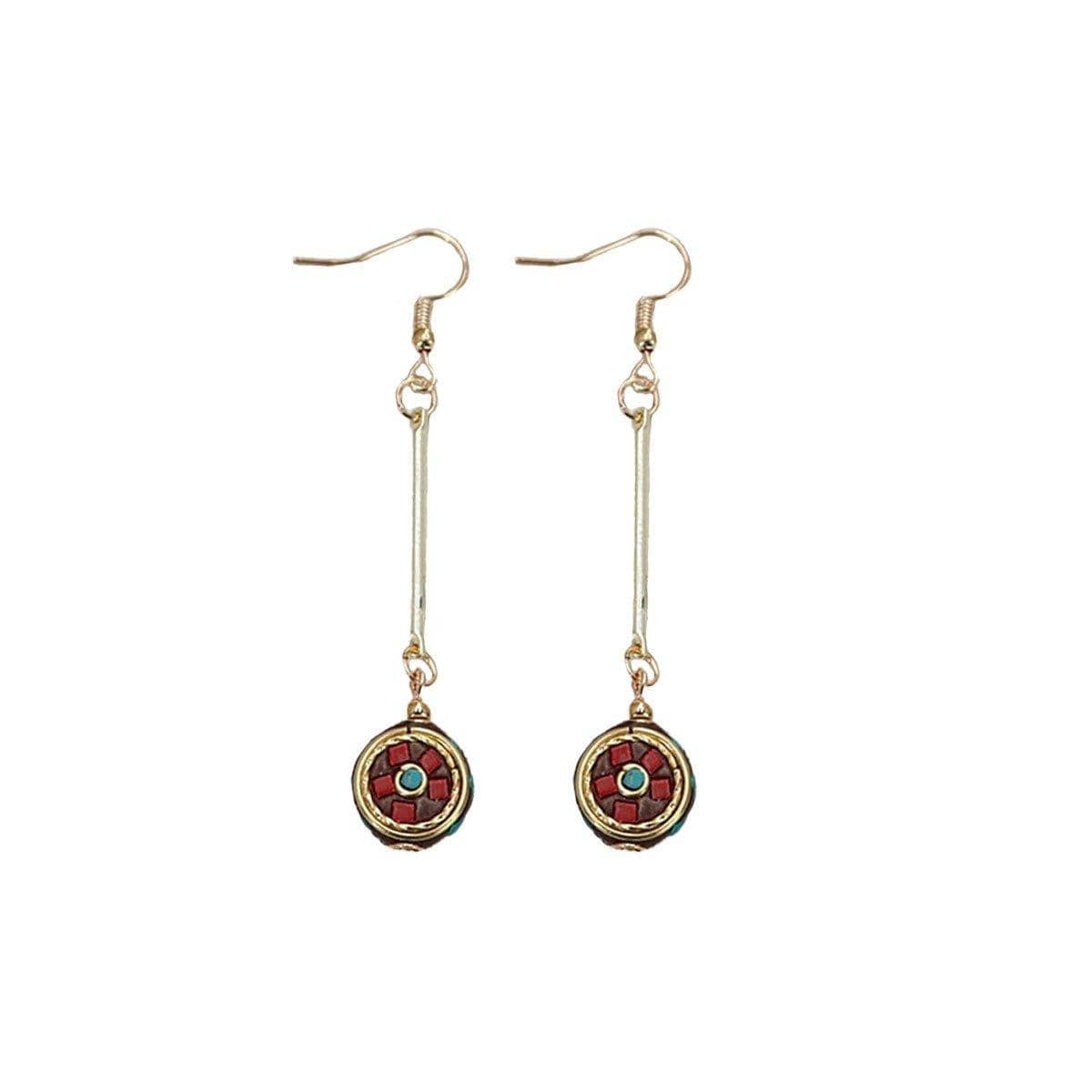 Retro Ethnic Style Hook Earrings for Women - Long Bar Drop with Round Mosaic Bead
