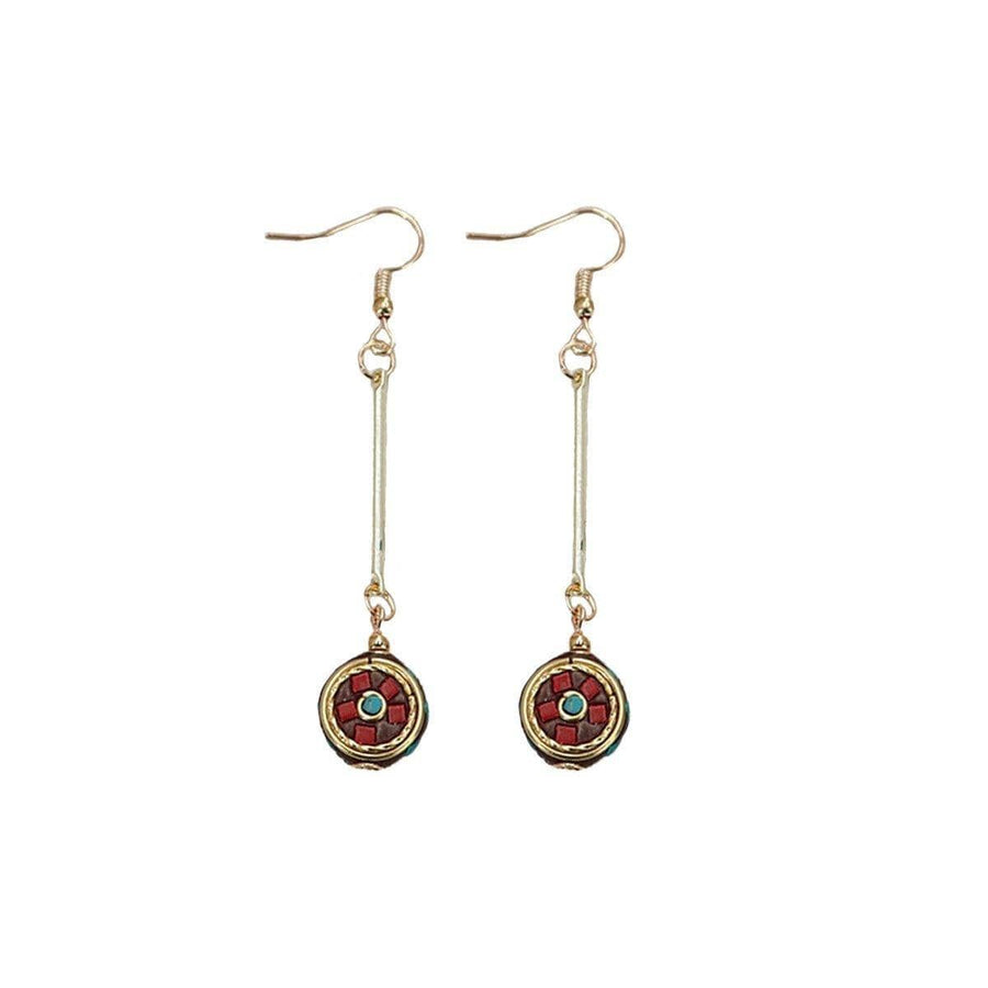 Retro Ethnic Style Hook Earrings for Women - Long Bar Drop with Round Mosaic Bead