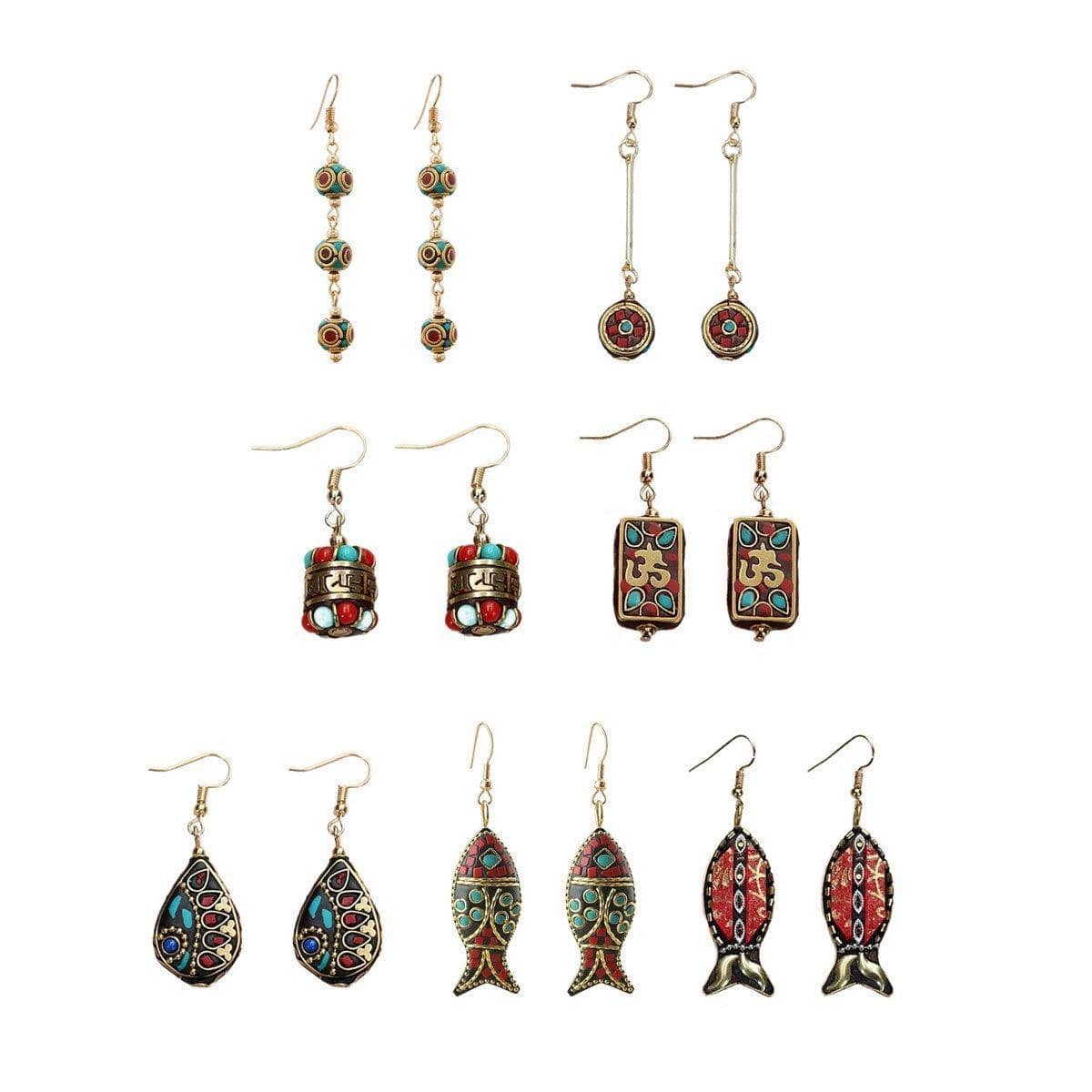 Retro Ethnic Style Hook Earrings for Women - Long Bar Drop with Round Mosaic Bead - view 3