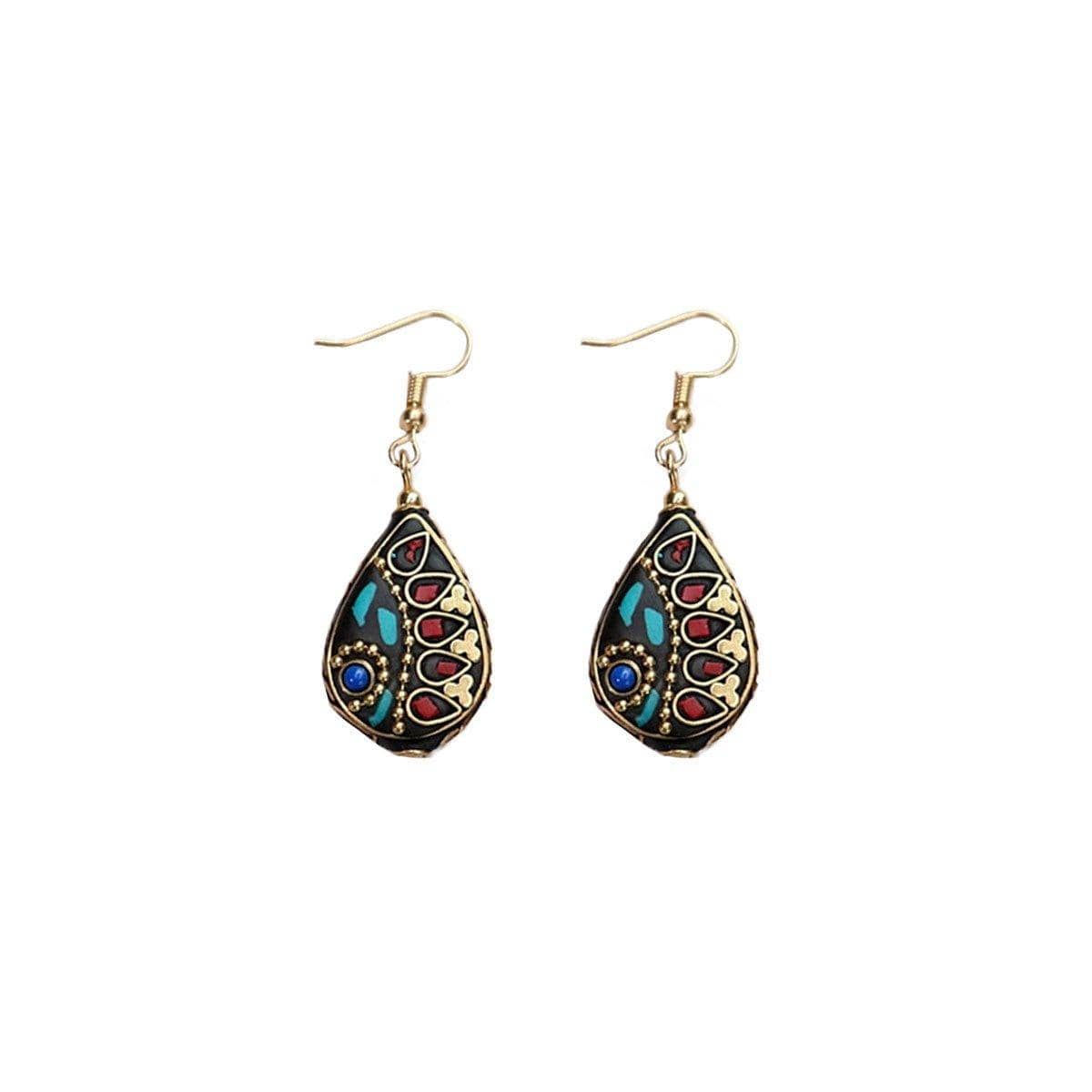 Retro Ethnic Style Hook Earrings for Women - Teardrop with Red and Turquoise Inlay