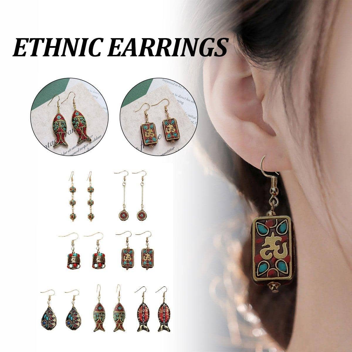 Retro Ethnic Style Hook Earrings for Women - Teardrop with Red and Turquoise Inlay - view 2