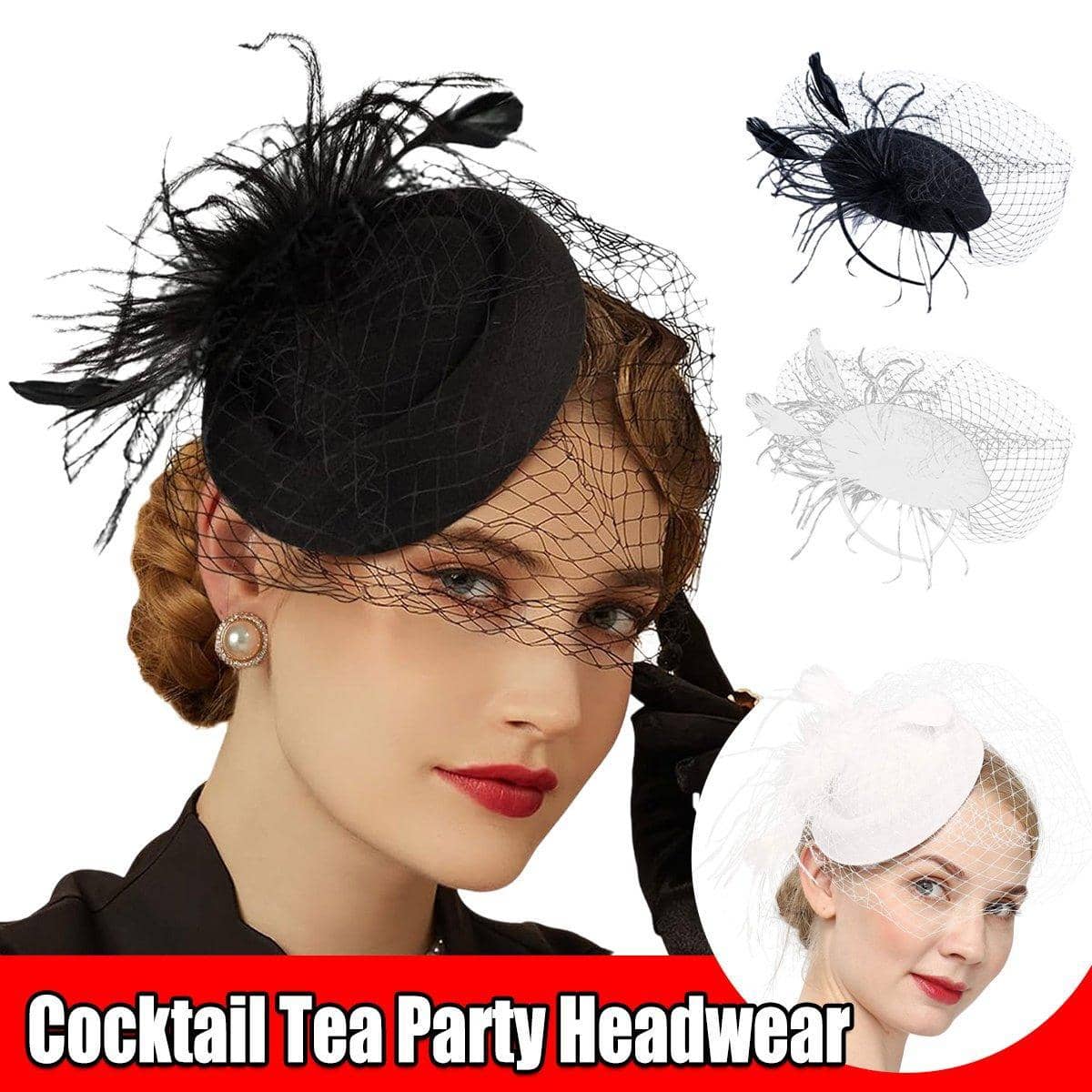 Retro Feather Fascinator with Bridal Veil - White - view 2