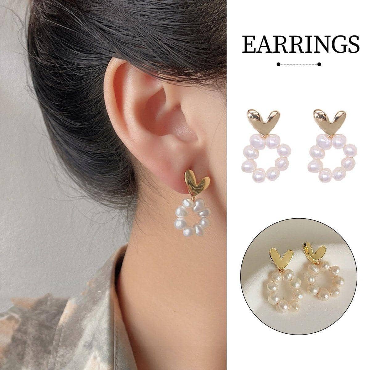 Retro Heart Stud Earrings with Imitation Pearl Circle for Women