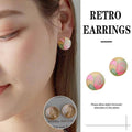Retro Marbled Swirl Round Stud Earrings - Pink, Green and Cream Design