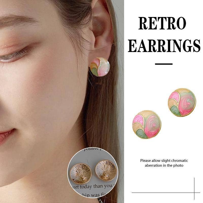 Retro Marbled Swirl Round Stud Earrings - Pink, Green and Cream Design