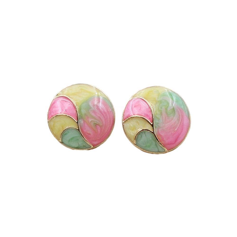 Retro Marbled Swirl Round Stud Earrings - Pink, Green and Cream Design - view 2