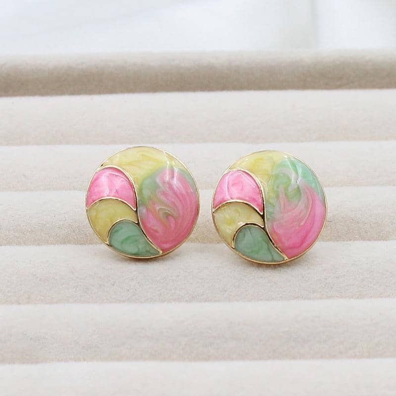 Retro Marbled Swirl Round Stud Earrings - Pink, Green and Cream Design - view 3