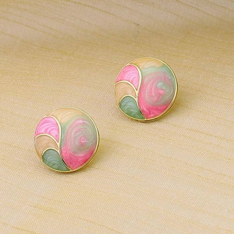 Retro Marbled Swirl Round Stud Earrings - Pink, Green and Cream Design - view 4
