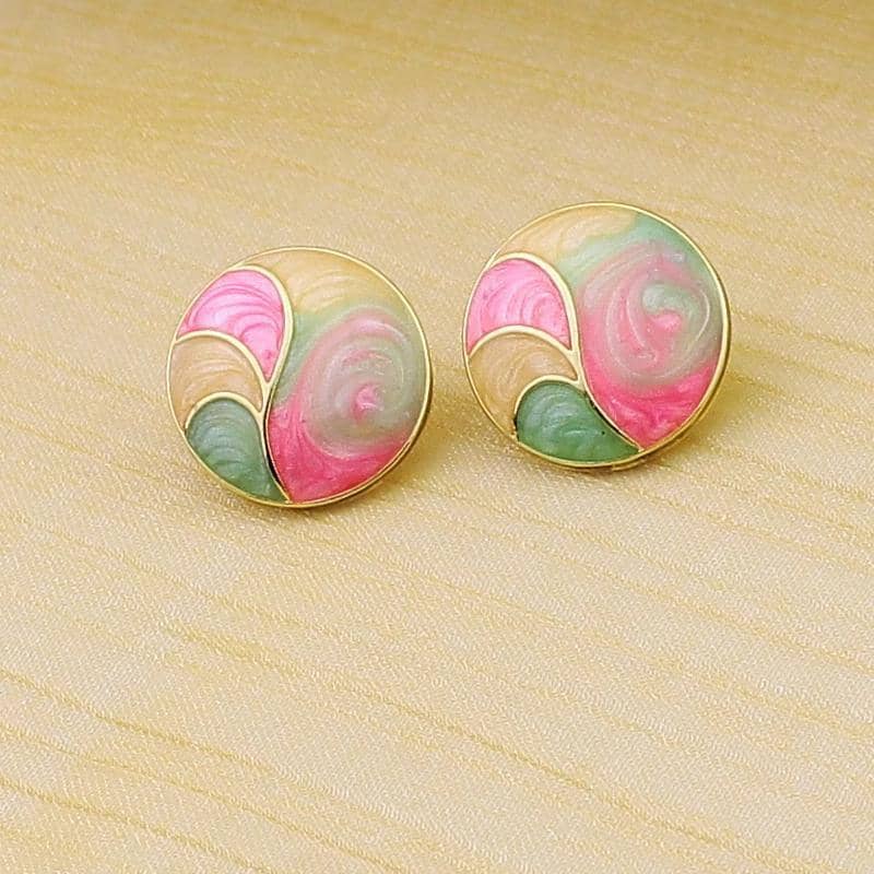 Retro Marbled Swirl Round Stud Earrings - Pink, Green and Cream Design - view 5