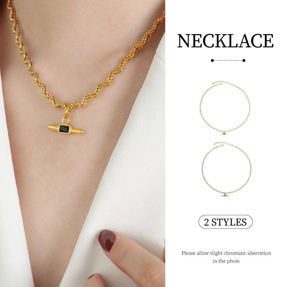 Retro Wavy Chain Necklace with Bar Pendant - Green - view 2