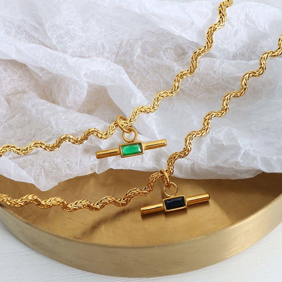 Retro Wavy Chain Necklace with Bar Pendant - Green - view 5