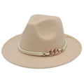 Retro Wide Brim Felt Fedora Hat with Chain and Rope Trim - Beige