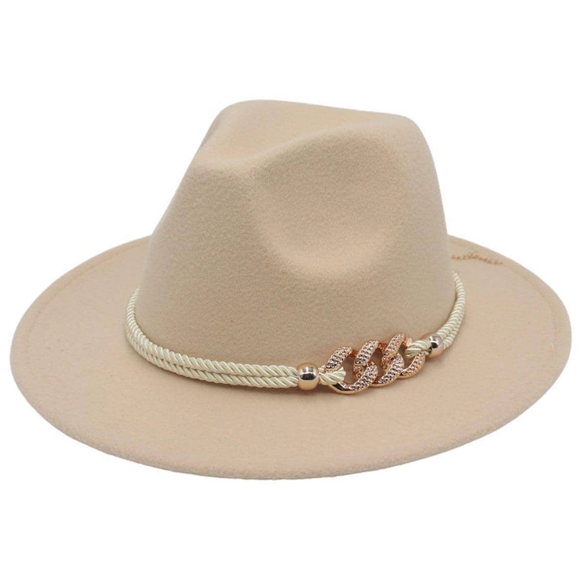 Retro Wide Brim Felt Fedora Hat with Chain and Rope Trim - Beige