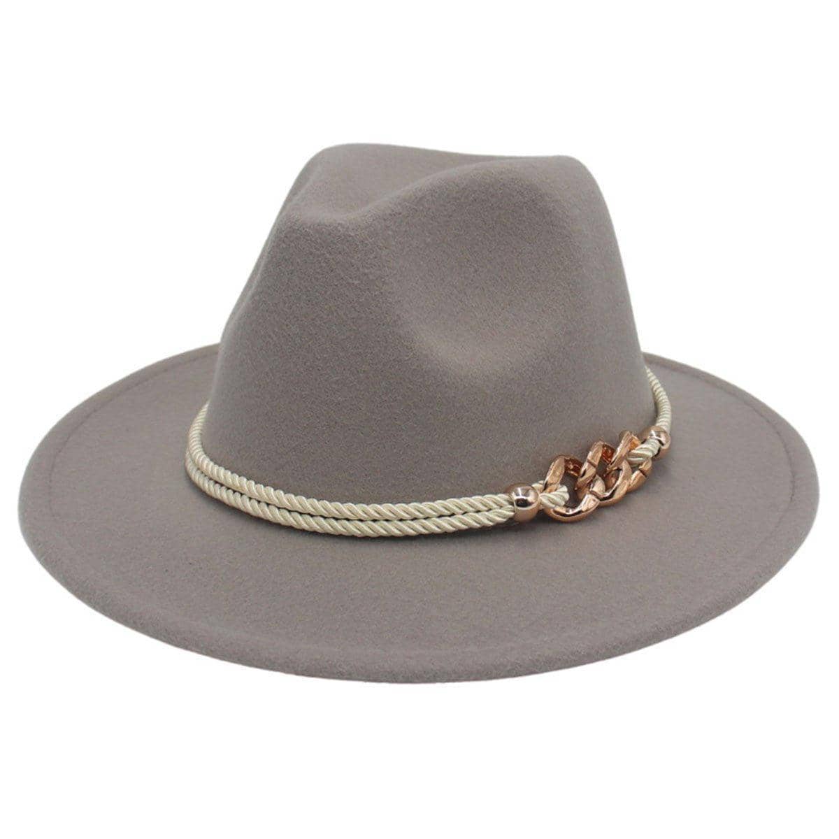 Retro Wide Brim Felt Fedora Hat with Chain and Rope Trim - Light Grey