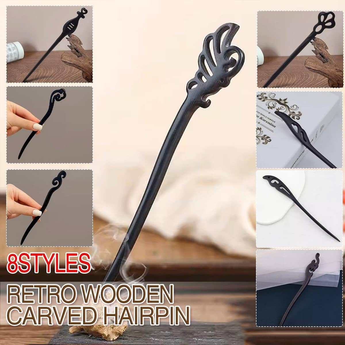 Retro Wooden Carved Hair Stick - Dark Wood, Bird Head Top - view 2