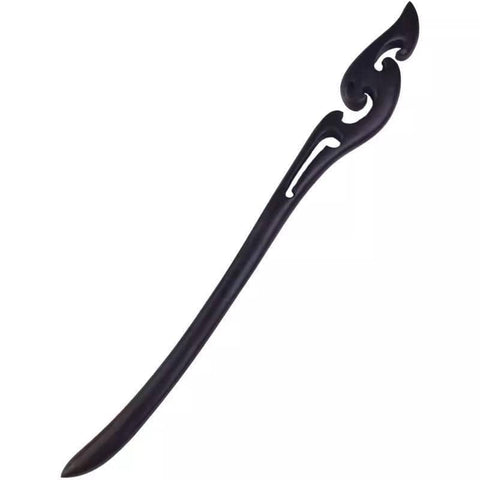 Retro Wooden Carved Hair Stick - Dark Wood, Flame Scroll Top