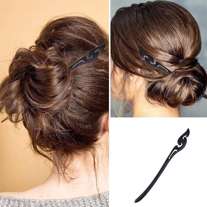 Retro Wooden Carved Hair Stick - Dark Wood, Swirl Cloud Top - view 5