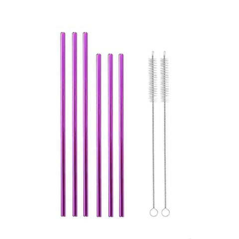 Reusable 304 Stainless Steel Straws with Cleaning Brushes - Purple, 6 Straight Straws