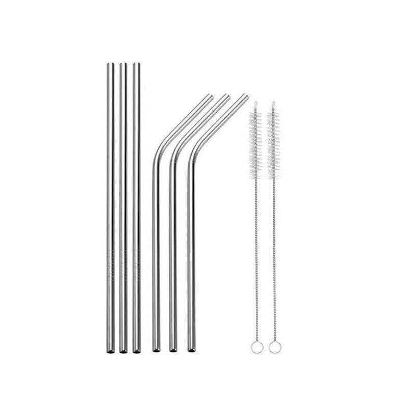 Reusable 304 Stainless Steel Straws with Cleaning Brushes - Silver, 3 Straight and 3 Bent Straws