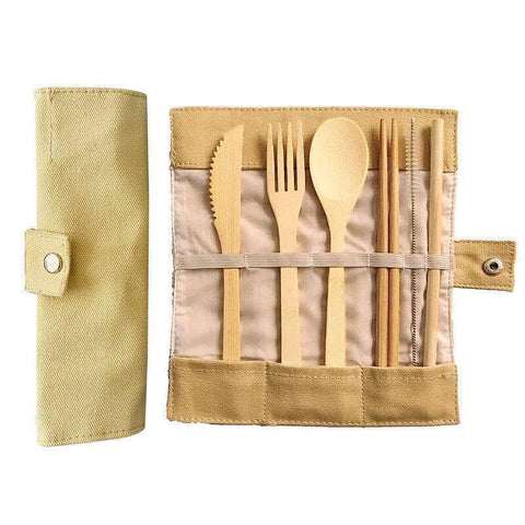 Reusable Bamboo Cutlery Set with Pouch - Beige, 7 Piece Travel Kit