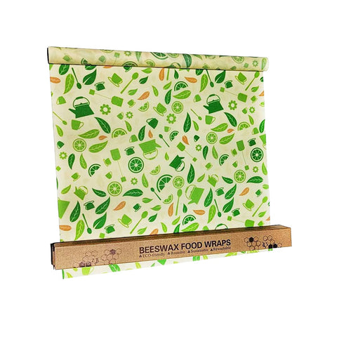 Reusable Beeswax Food Wrap Roll, 100 x 33 cm - Green Lime and Teapot Print