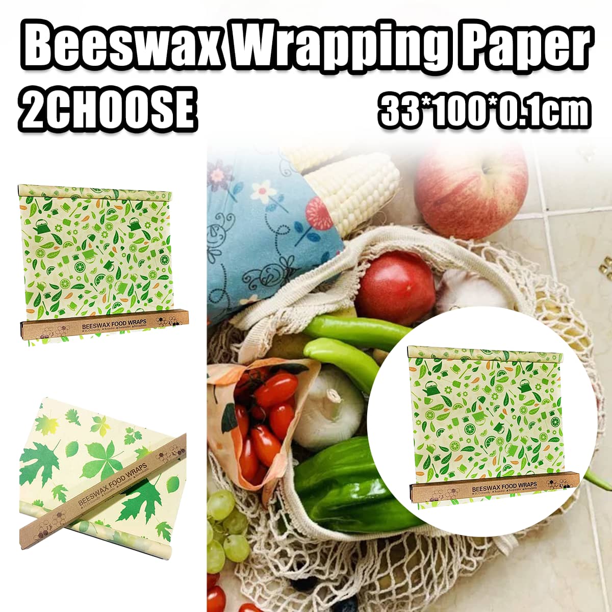 Reusable Beeswax Food Wrap Roll, 100 x 33 cm - Green Maple Leaf Print - view 2