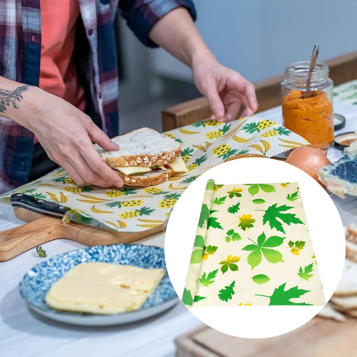 Reusable Beeswax Food Wrap Roll, 100 x 33 cm - Green Maple Leaf Print - view 5