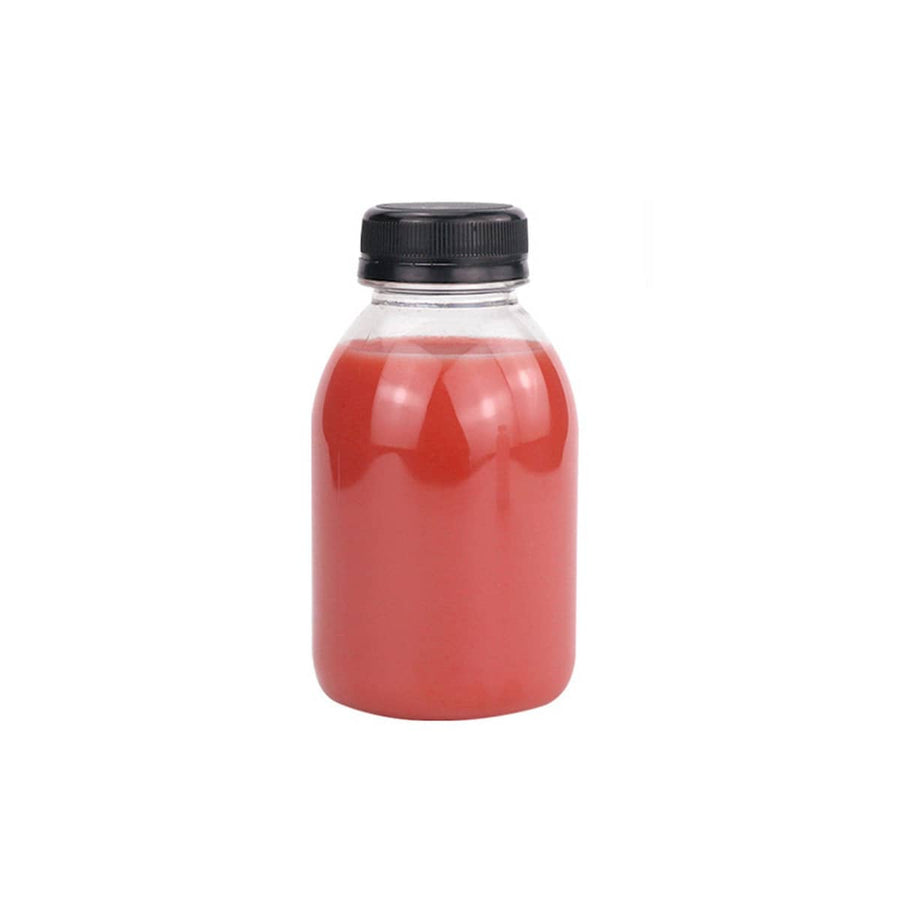 Reusable Clear Plastic Juice Bottles 250ml, Pack of 20 - Black Anti-Theft Cover
