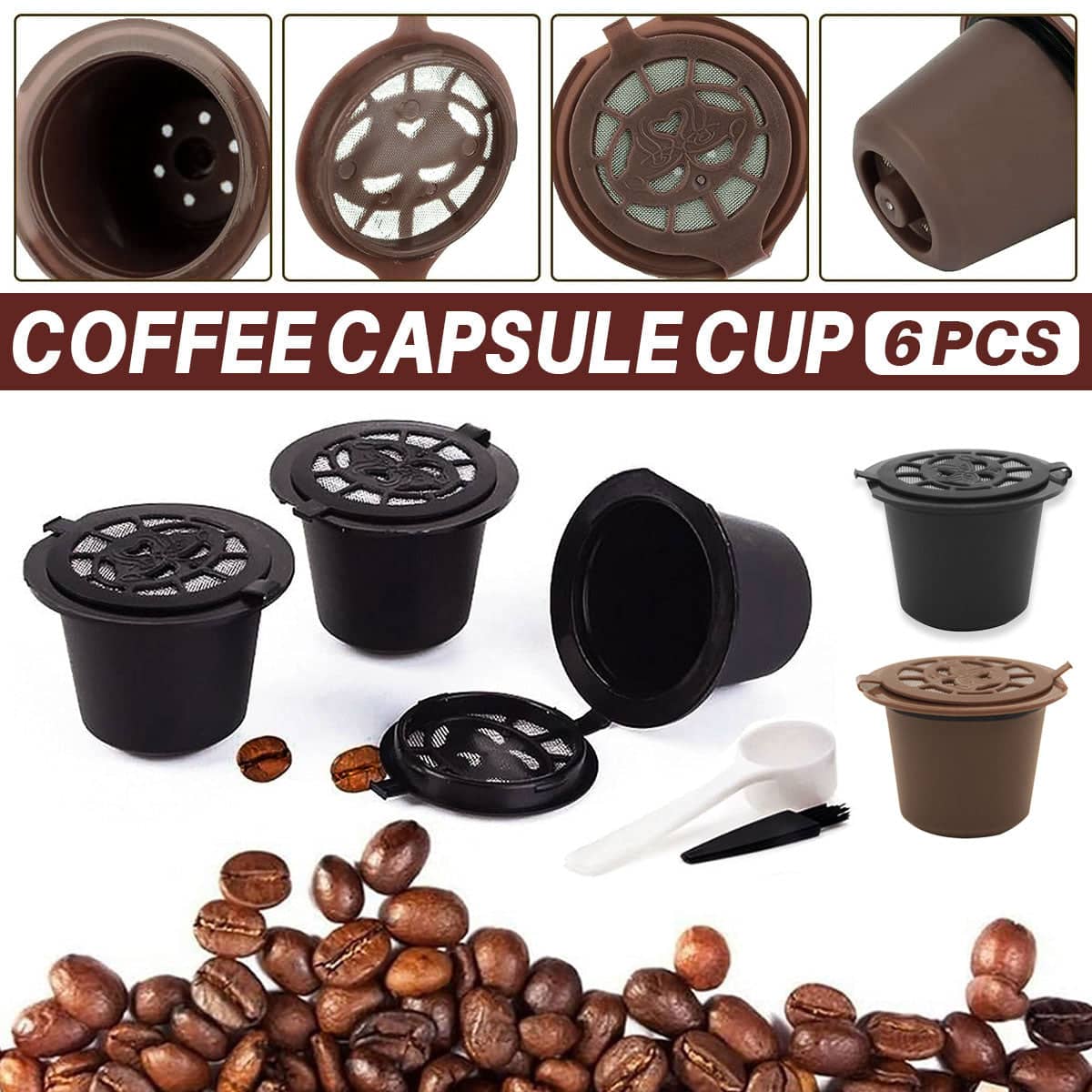 Reusable Coffee Capsule Pods for Nespresso Machines, Pack of 6 - Brown - view 2